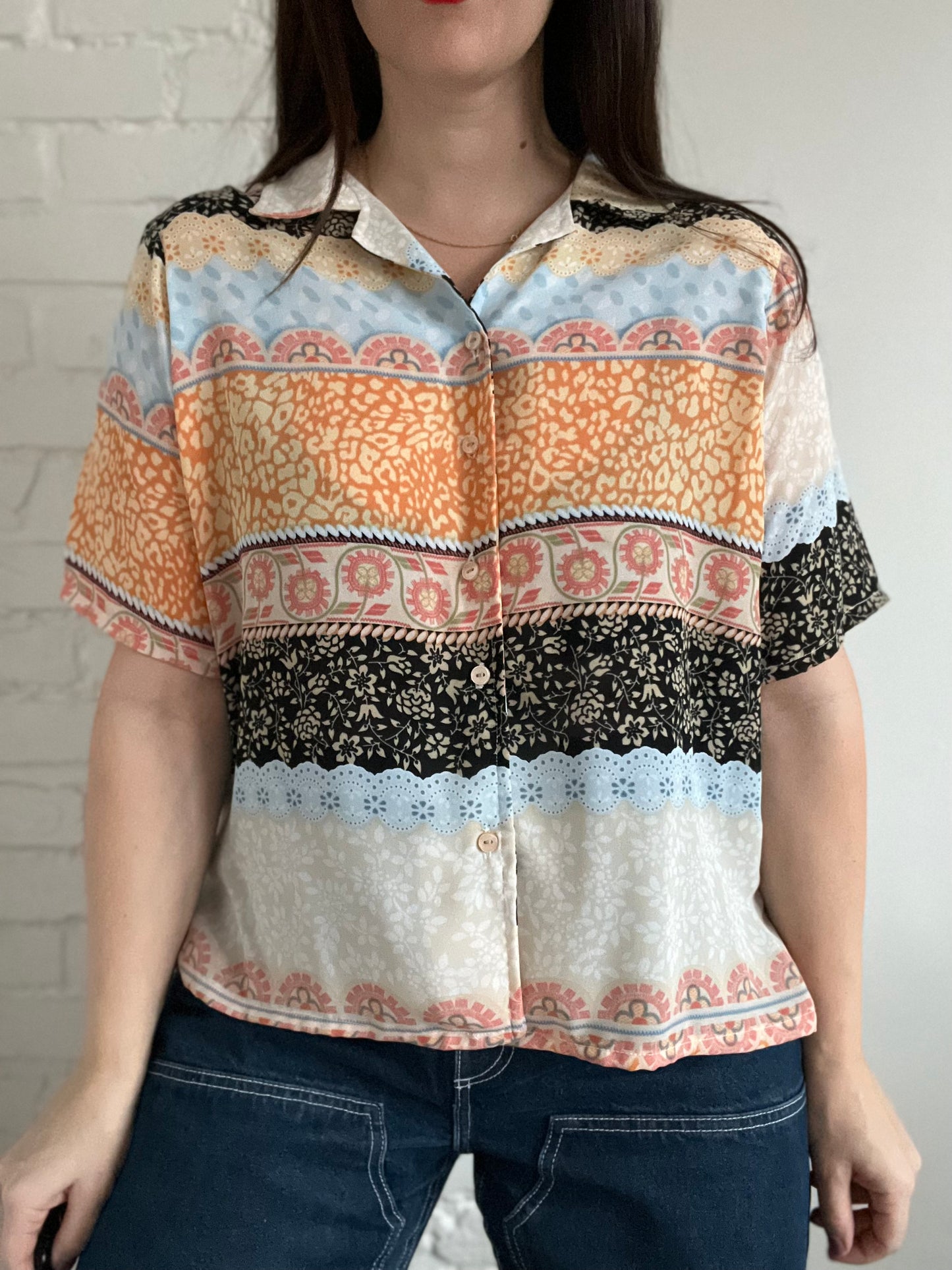 Multicoloured Sheer Button Up Top - L