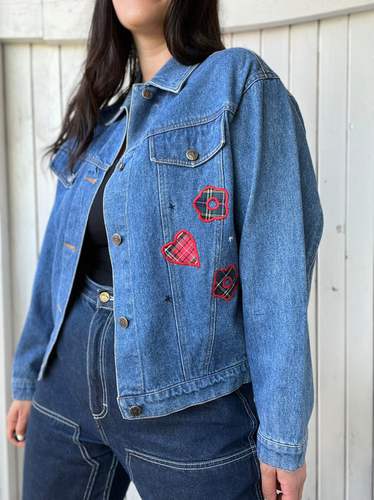 Patched Plaid Denim Jacket - Size M