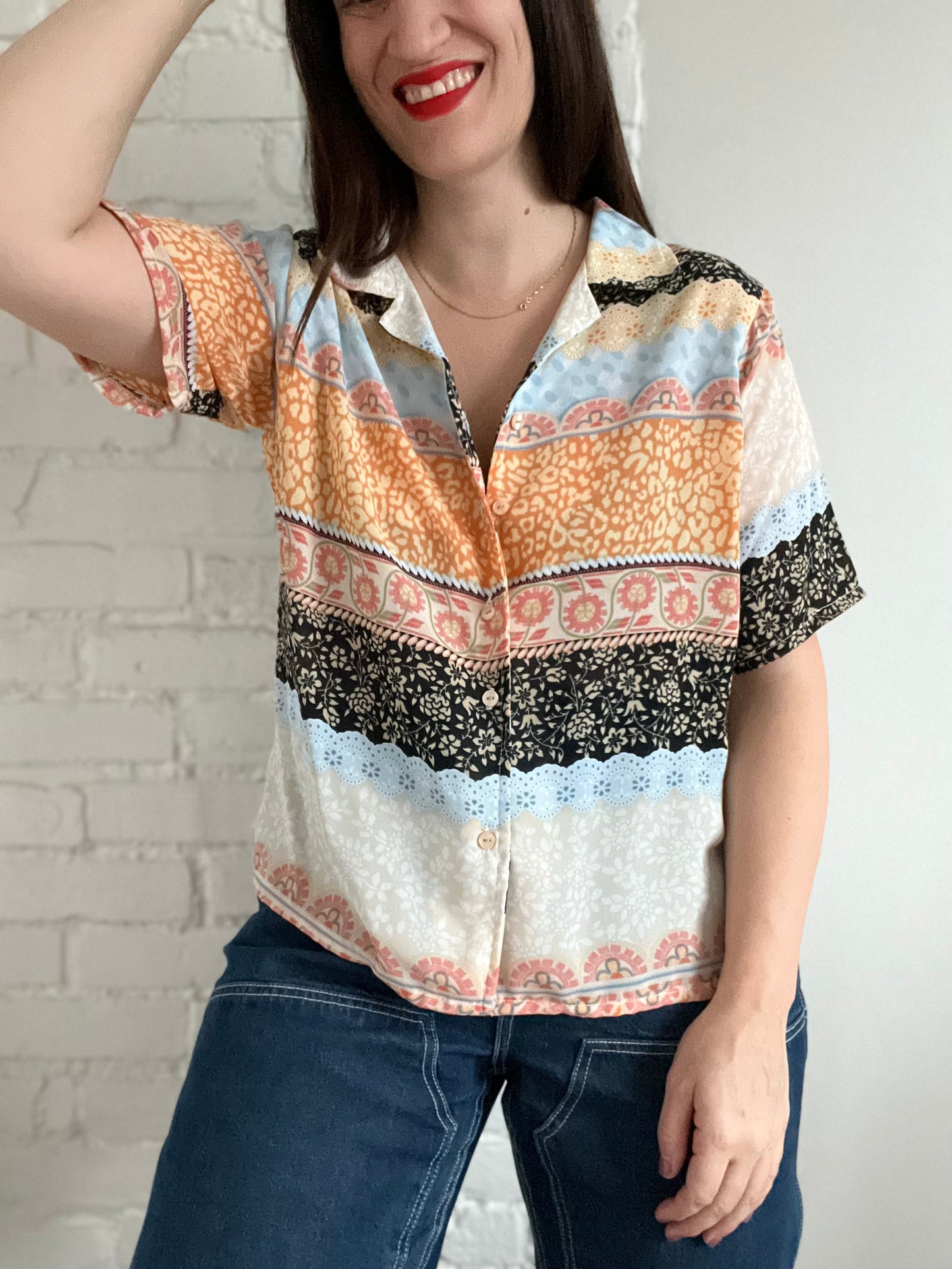Multicoloured Sheer Button Up Top - L