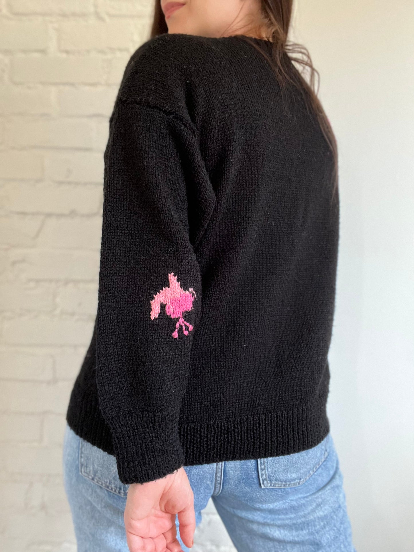 Hand Knit Black & Floral Sweater - Size L/XL