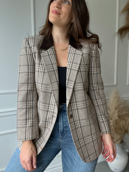 Wool & Velvet Plaid Blazer - Size M