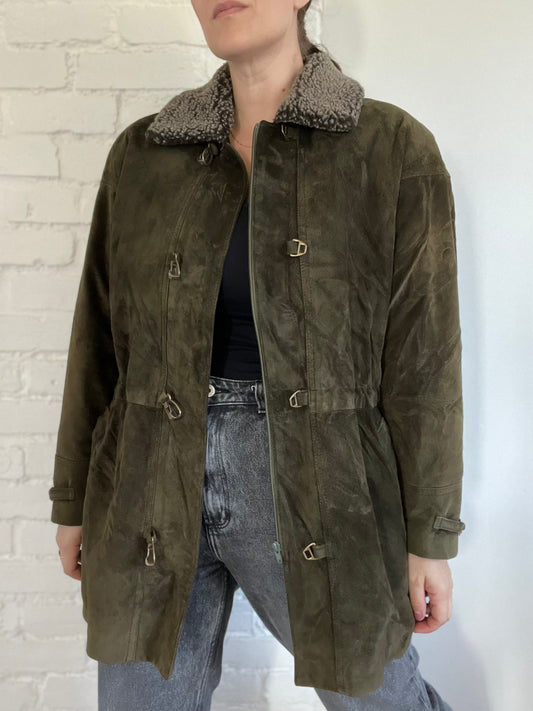 Olive Green Suede Leather Jacket - Size S/M