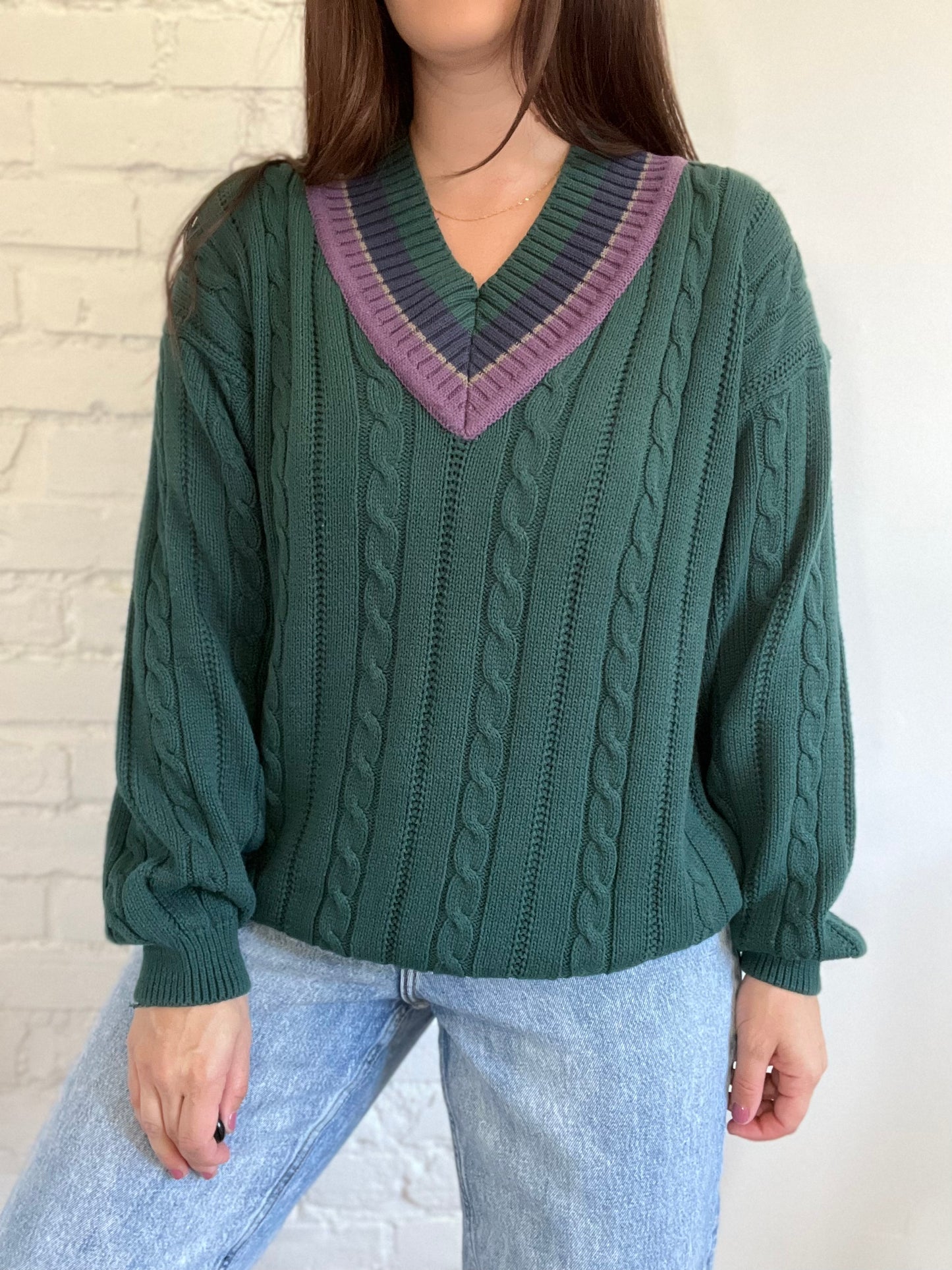 Hunter Green Tennis Cable Knit Sweater - L