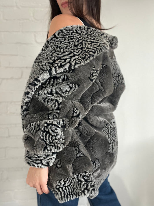 Grey & Black Faux Fur Jacket - Size S/M