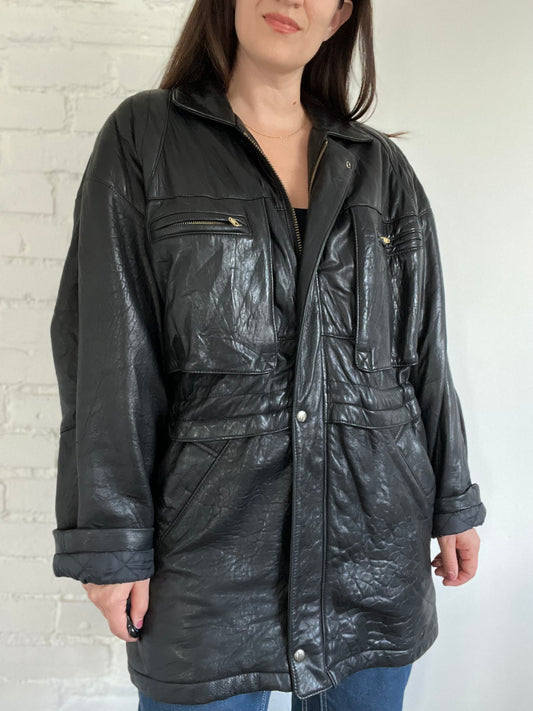 Vintage Brogue Black Leather Jacket - Size L