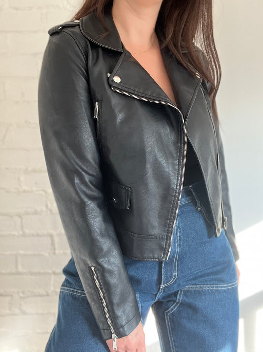 Faux Leather Moto Biker Jacket - Size M/L