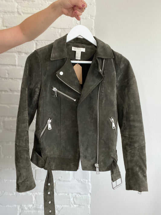 Army Green 100% Leather Suede Moto Jacket - Size 4