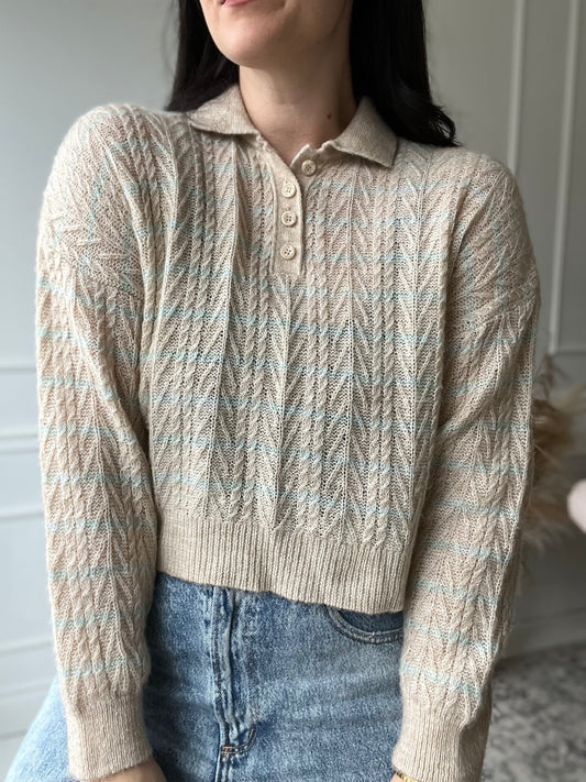 Cropped Cream & Turquoise Knit - Size XS