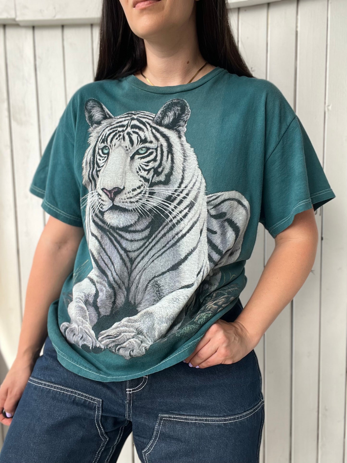 Turquoise White Tiger Tee - Size L