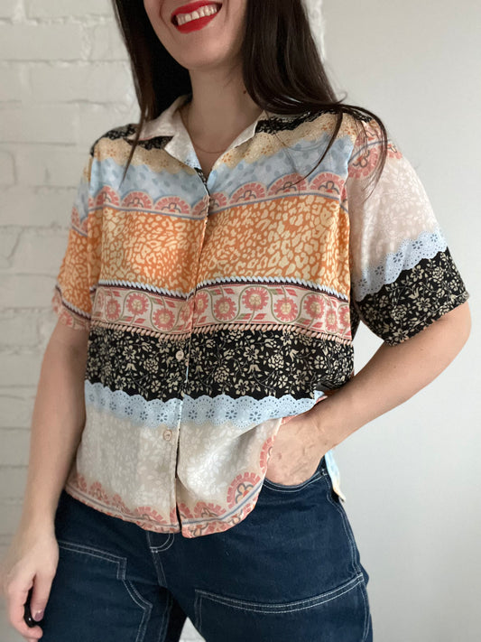 Multicoloured Sheer Button Up Top - L