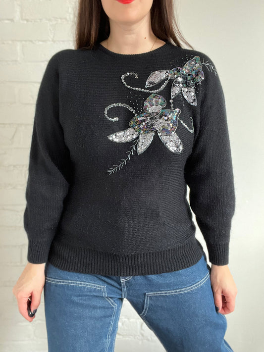 Black & Silver Sequin Knit Sweater - M/L