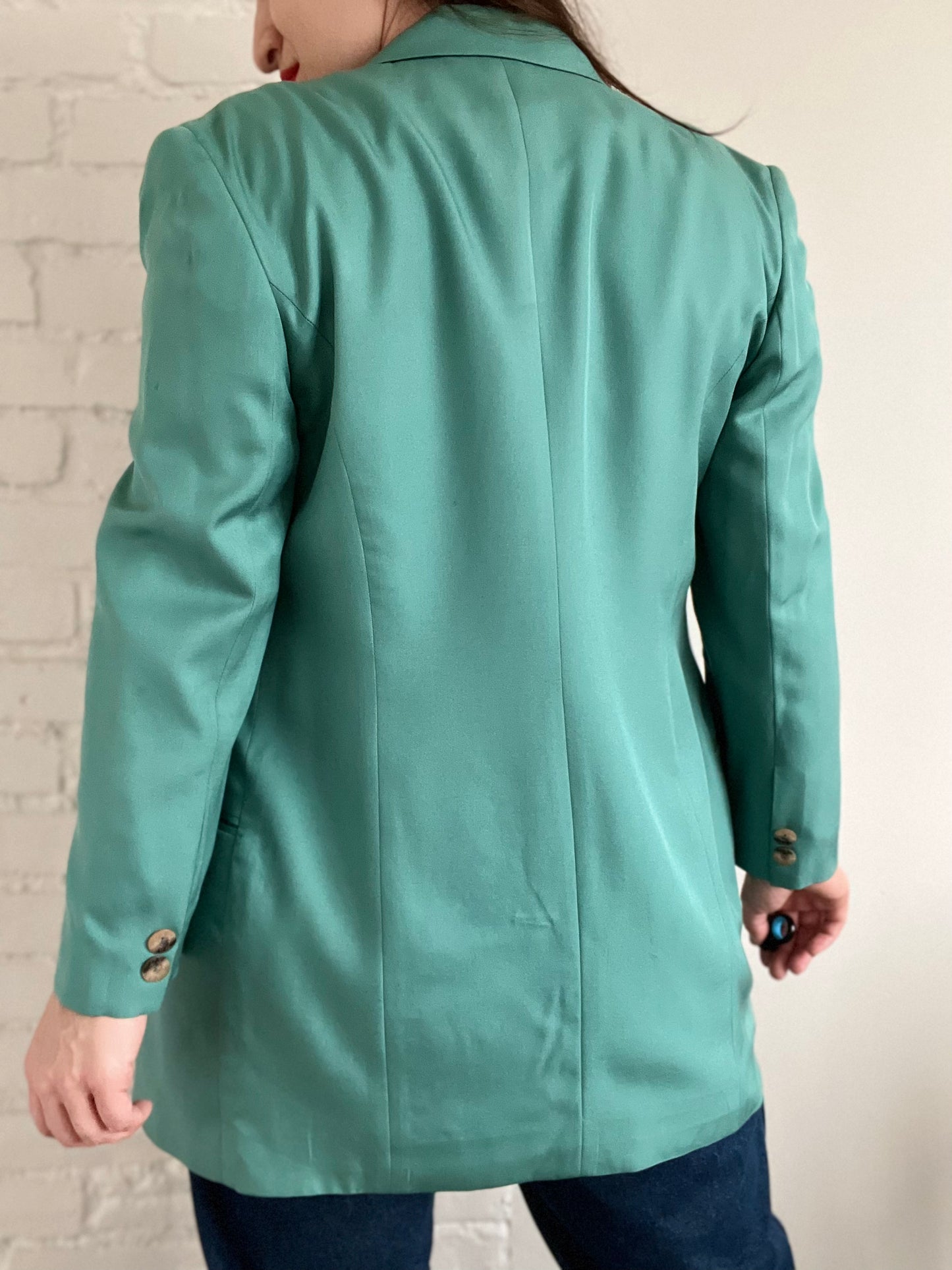Turquoise Double-Breasted Silk Satin Blazer  - L