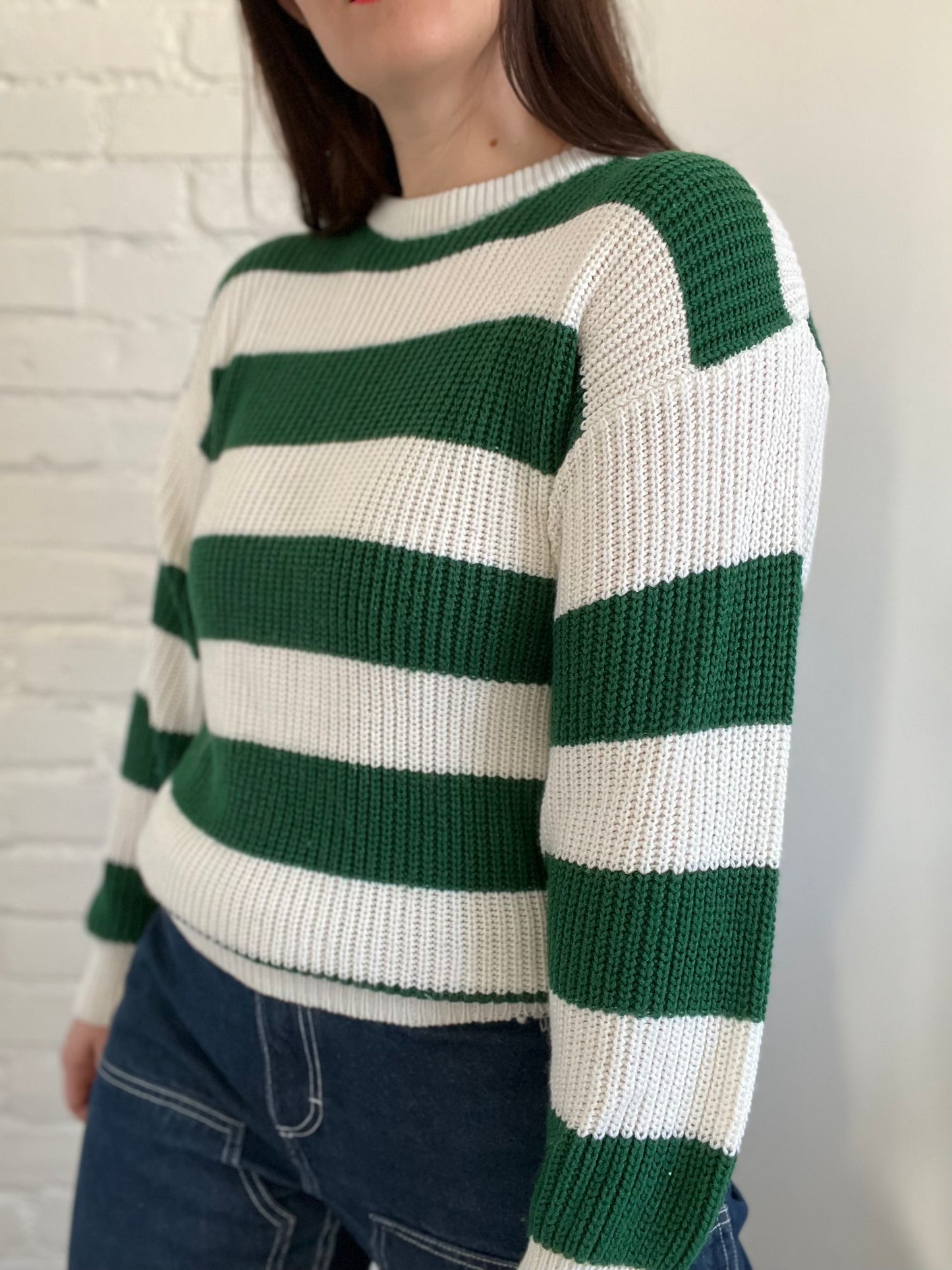 Green & White Striped Sweater - M