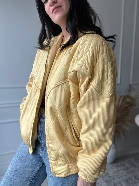 Pastel Yellow Quilted Silk Jacket - Size L
