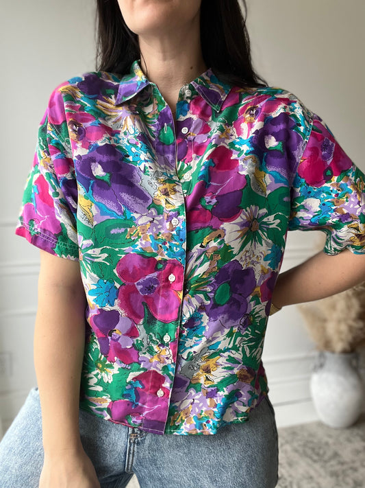 Bright Floral 100% Silk Shirt - Size L