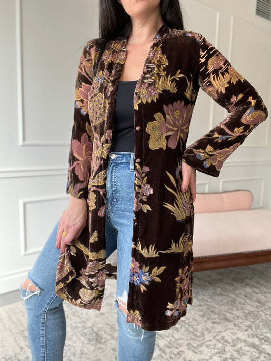 Neutral Floral Velvet Duster - Size XS