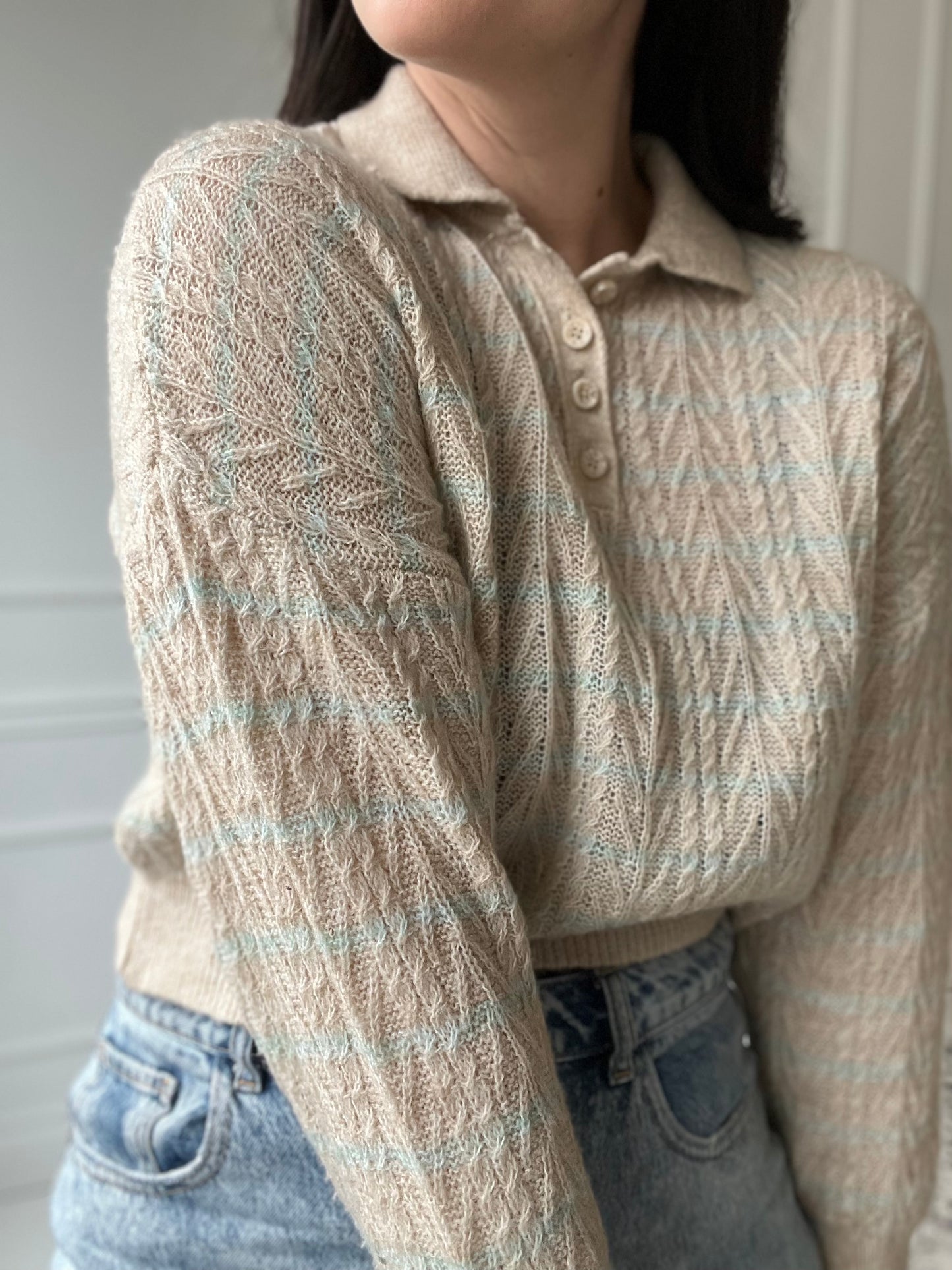 Cropped Cream & Turquoise Knit - Size XS