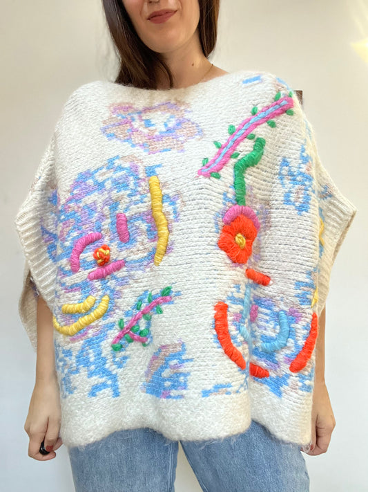 Embroidered Knit Cape - Size O/S