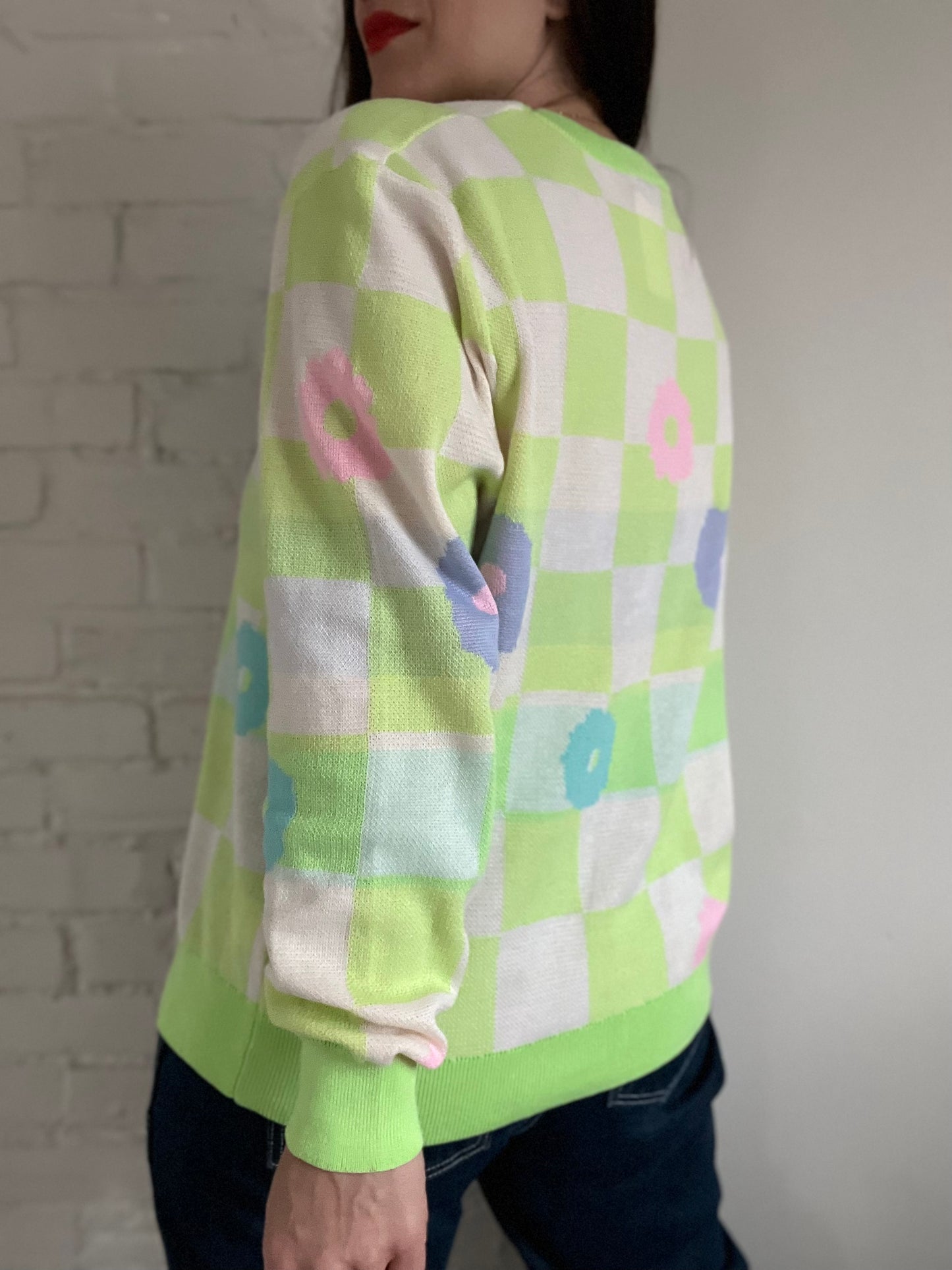Lime Green & Floral Checkered Sweater - M/L