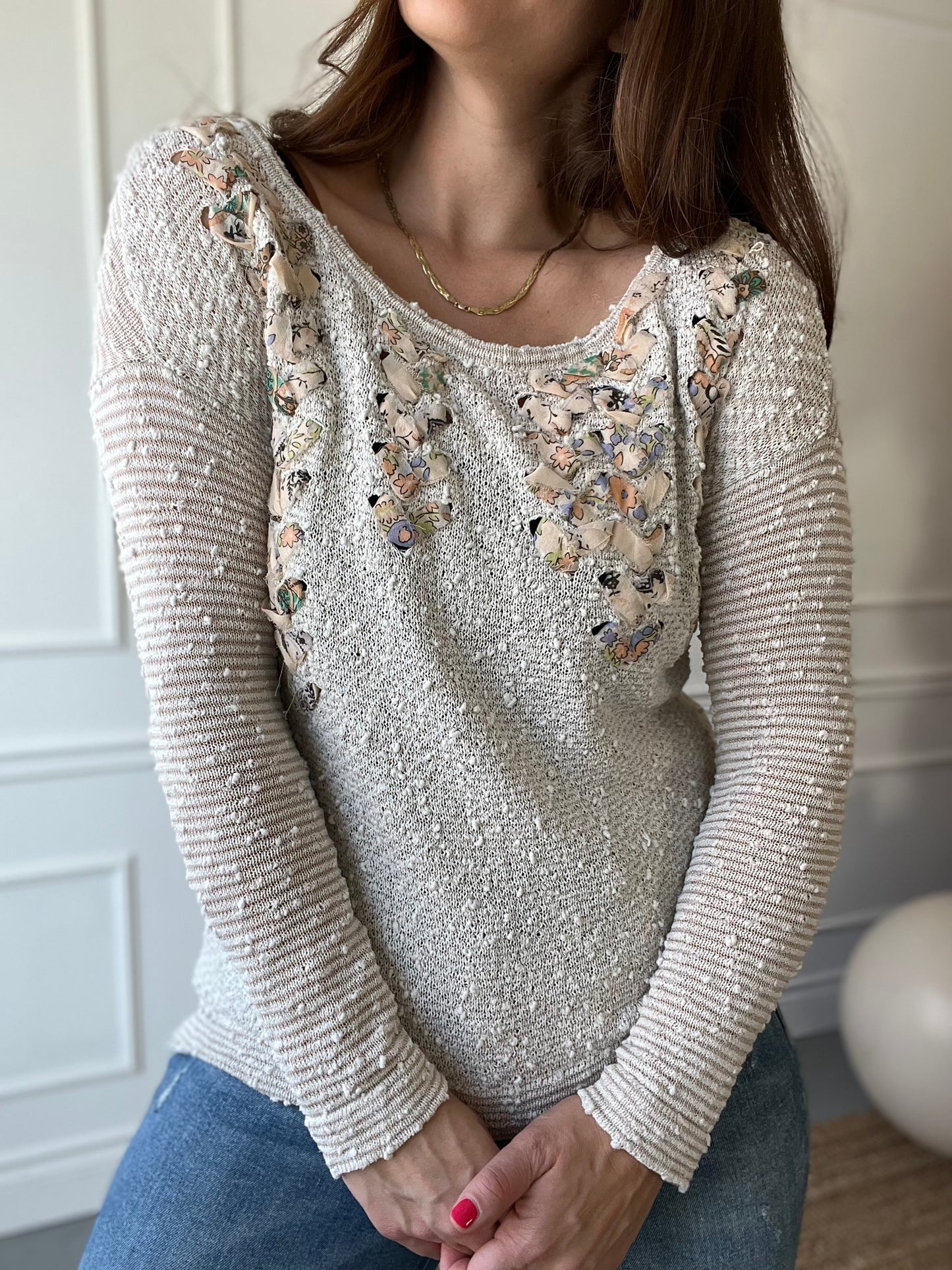 Lace Up Floral Cream Sweater - Size M