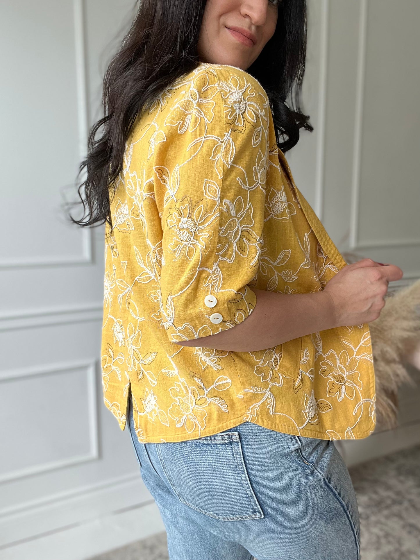 Yellow Embroidered Linen Top - Size M/L