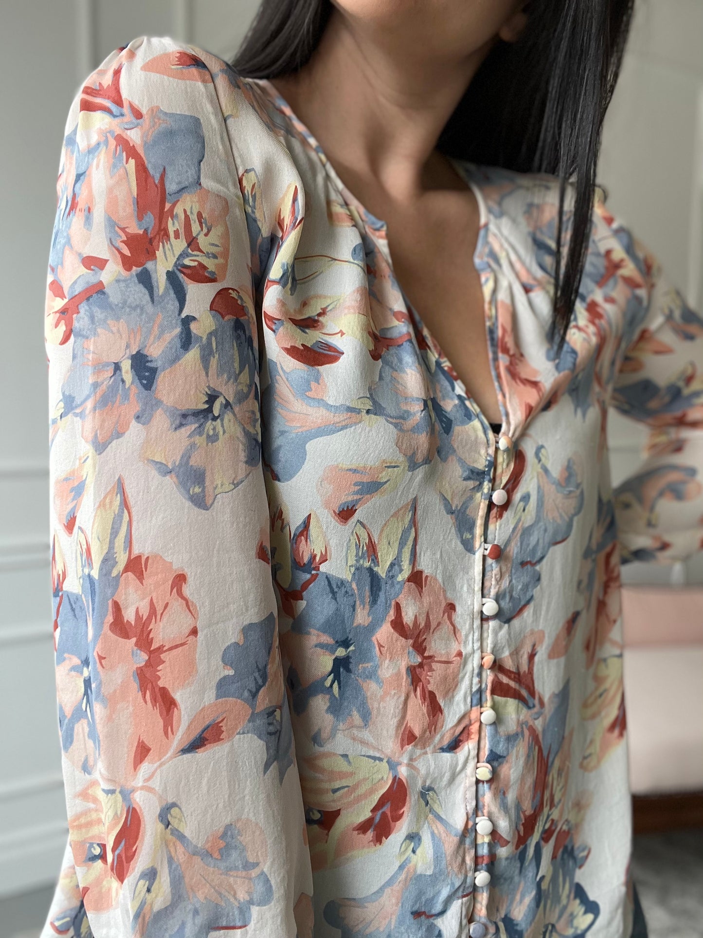 Romantic Floral Silk Top - Size L