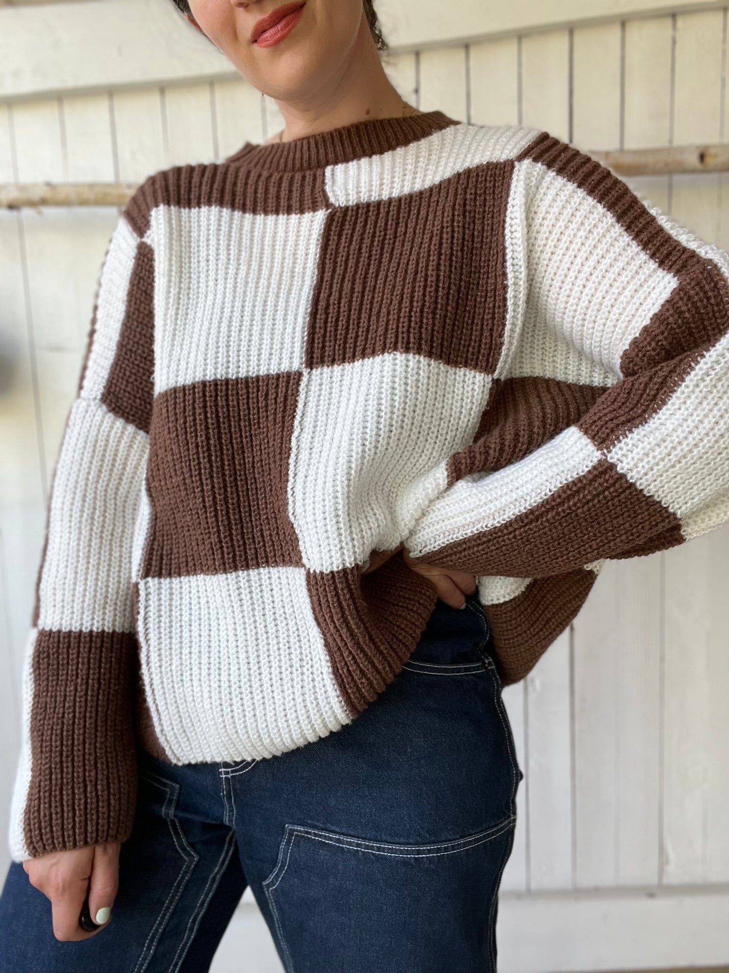 Oversize Block Brown & White Sweater - Size L