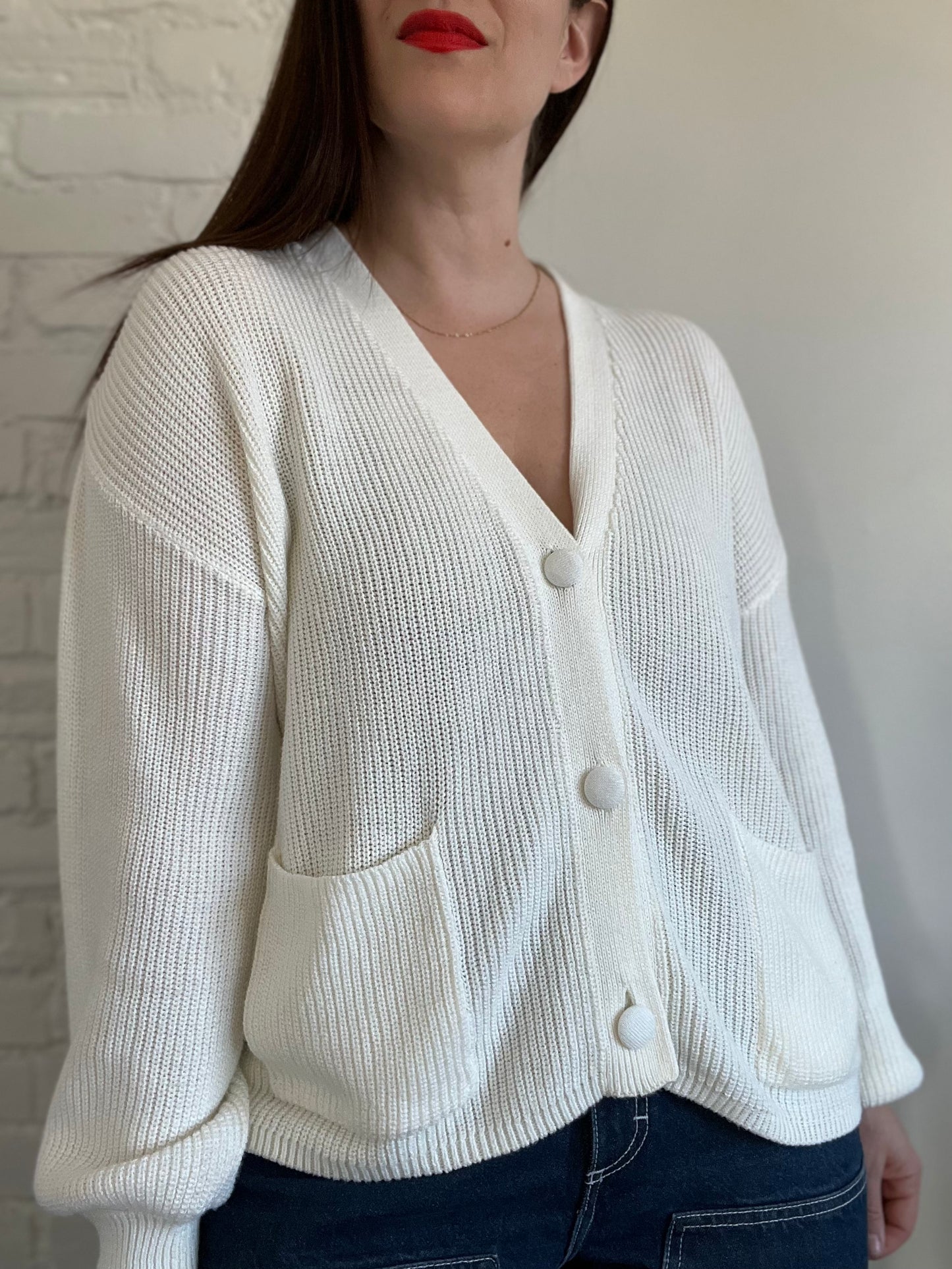 Relaxed White Knit Cardigan - XL