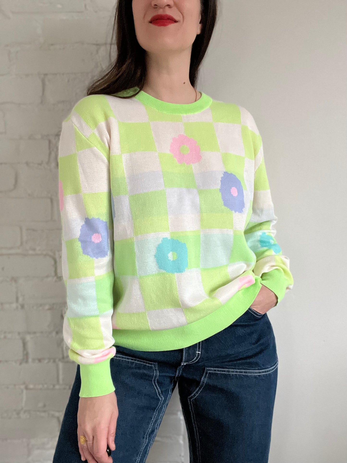 Lime Green & Floral Checkered Sweater - M/L