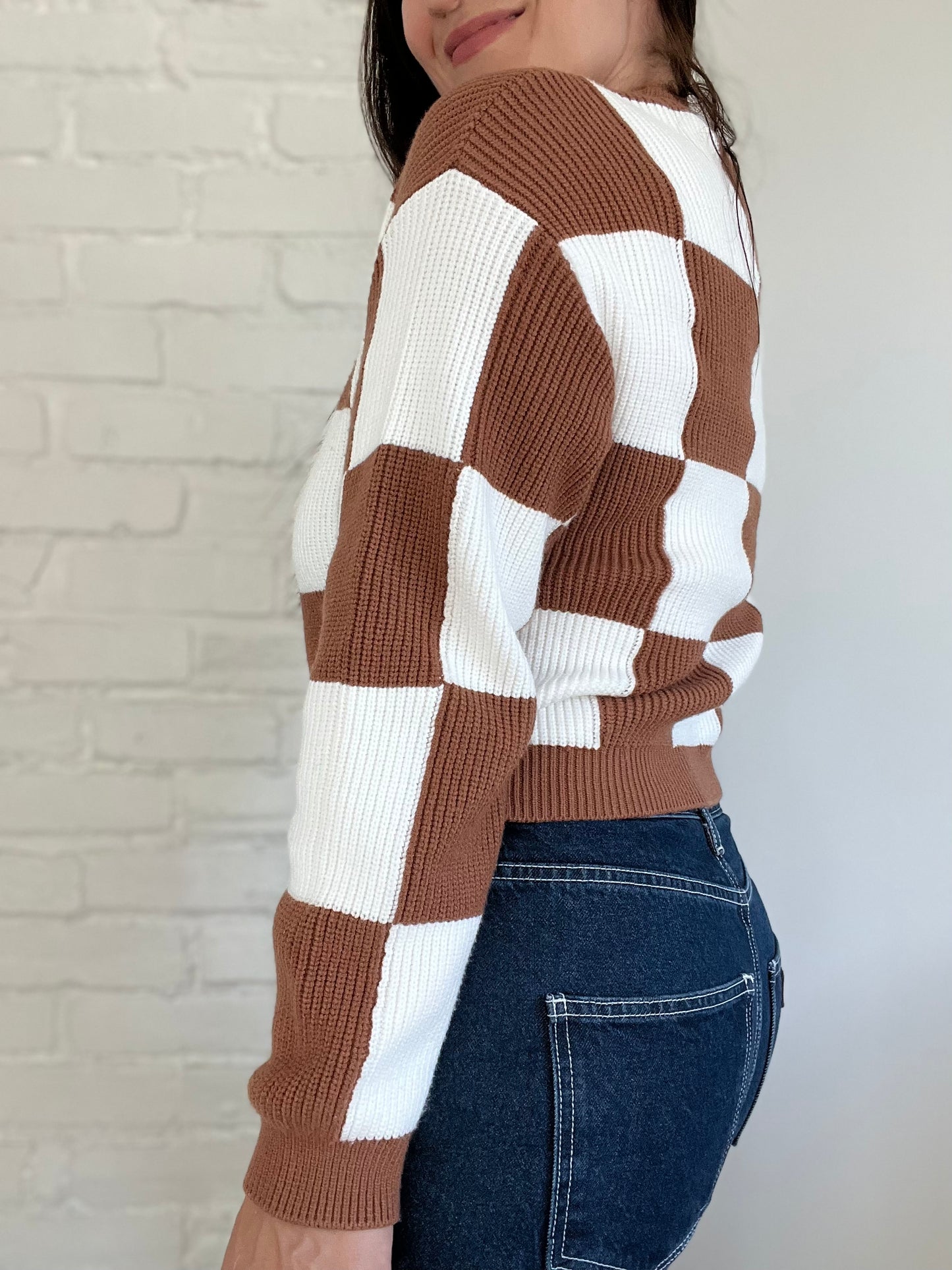 Camel & White Checkered Sweater - Size S