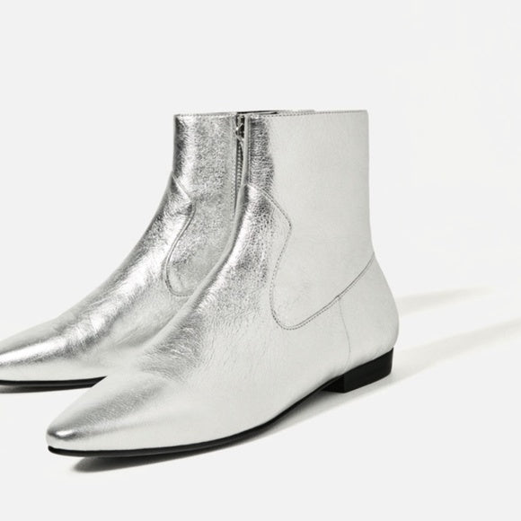 Silver Foil Leather Boots  - Size 38 / 7.5 US
