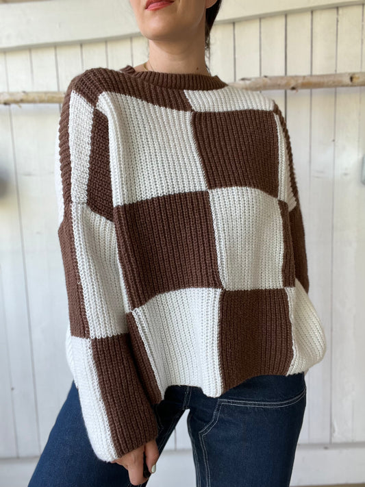 Oversize Block Brown & White Sweater - Size L