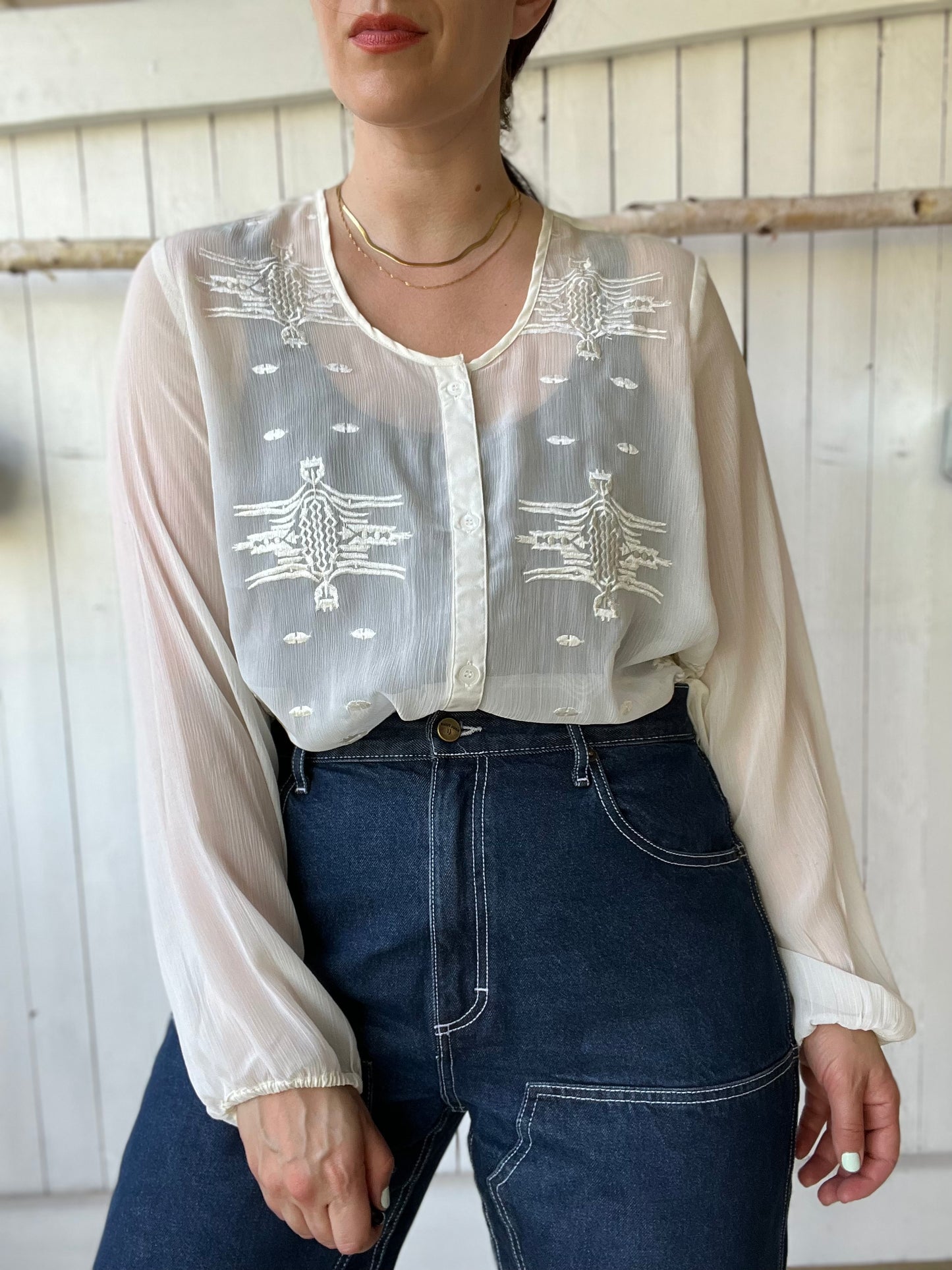 Embroidered Cream Blouse - Size L
