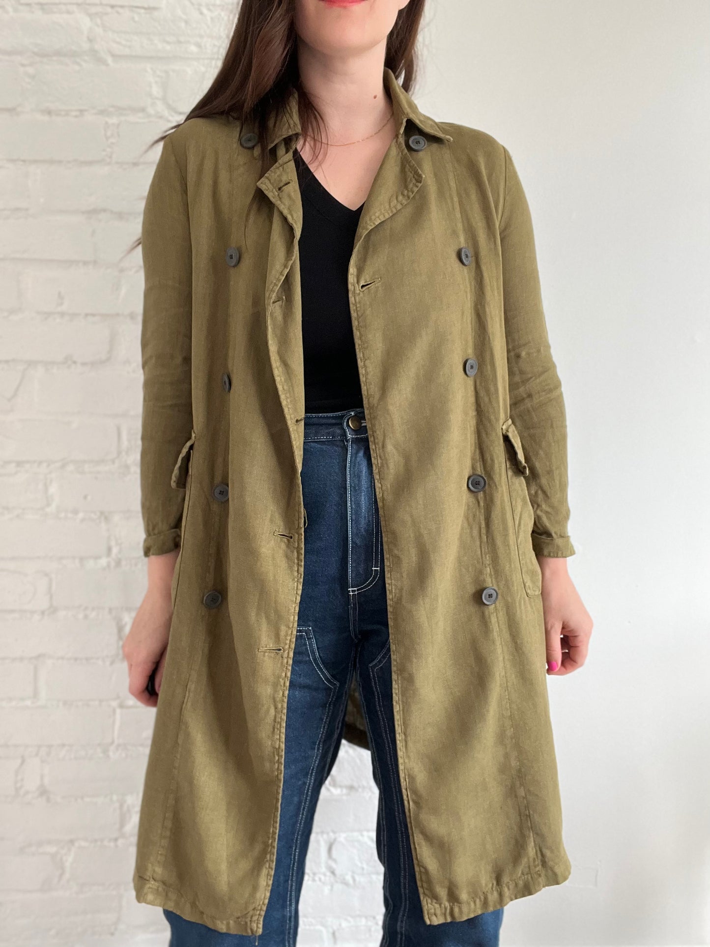 Olive Green Linen Trench Coat - XS