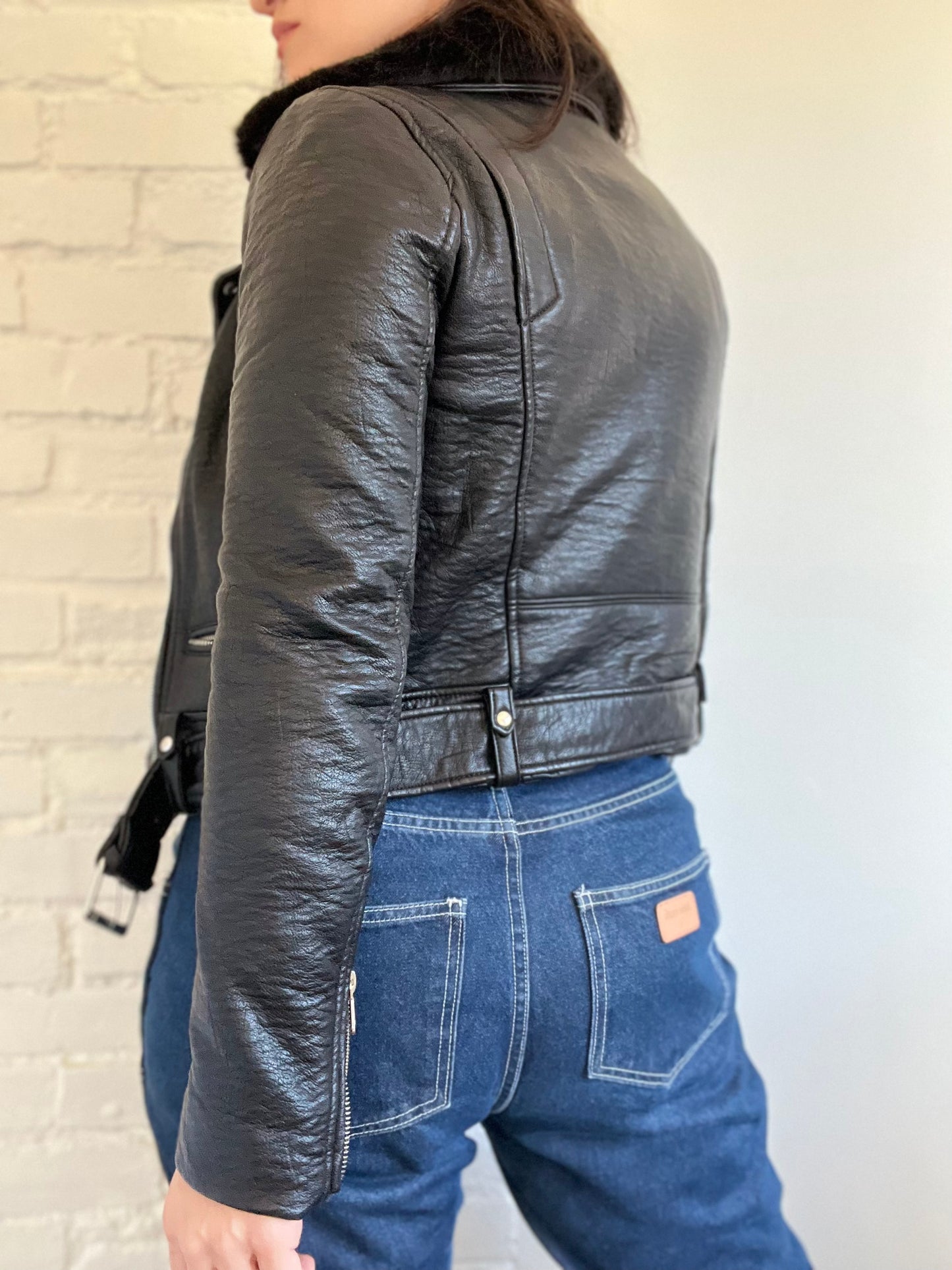 Faux Fur Collar Biker Jacket  - Size S