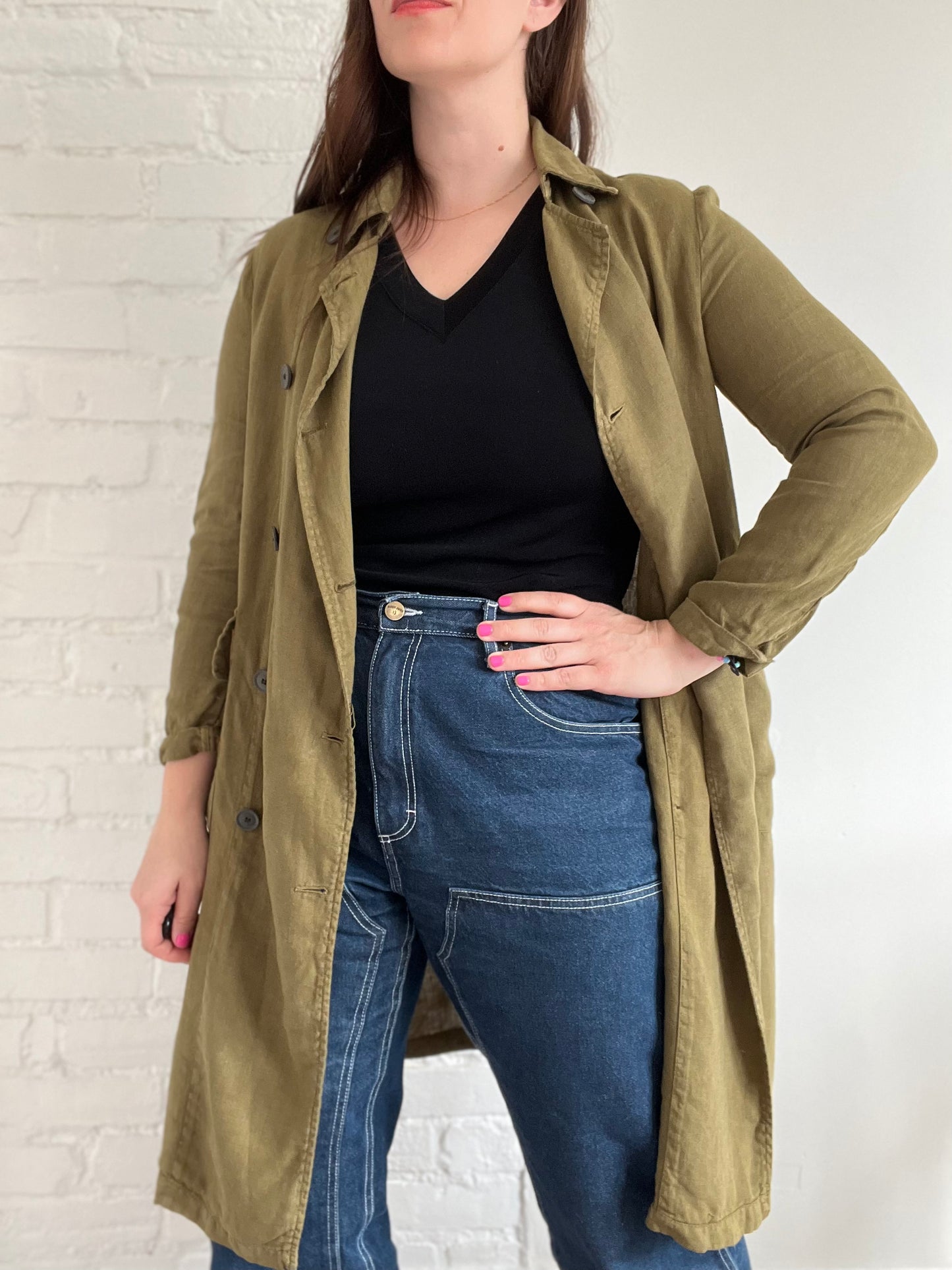 Olive Green Linen Trench Coat - XS